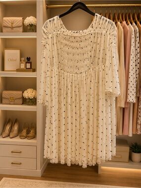 Free People Cream Polka Dot Smocked Babydoll Top